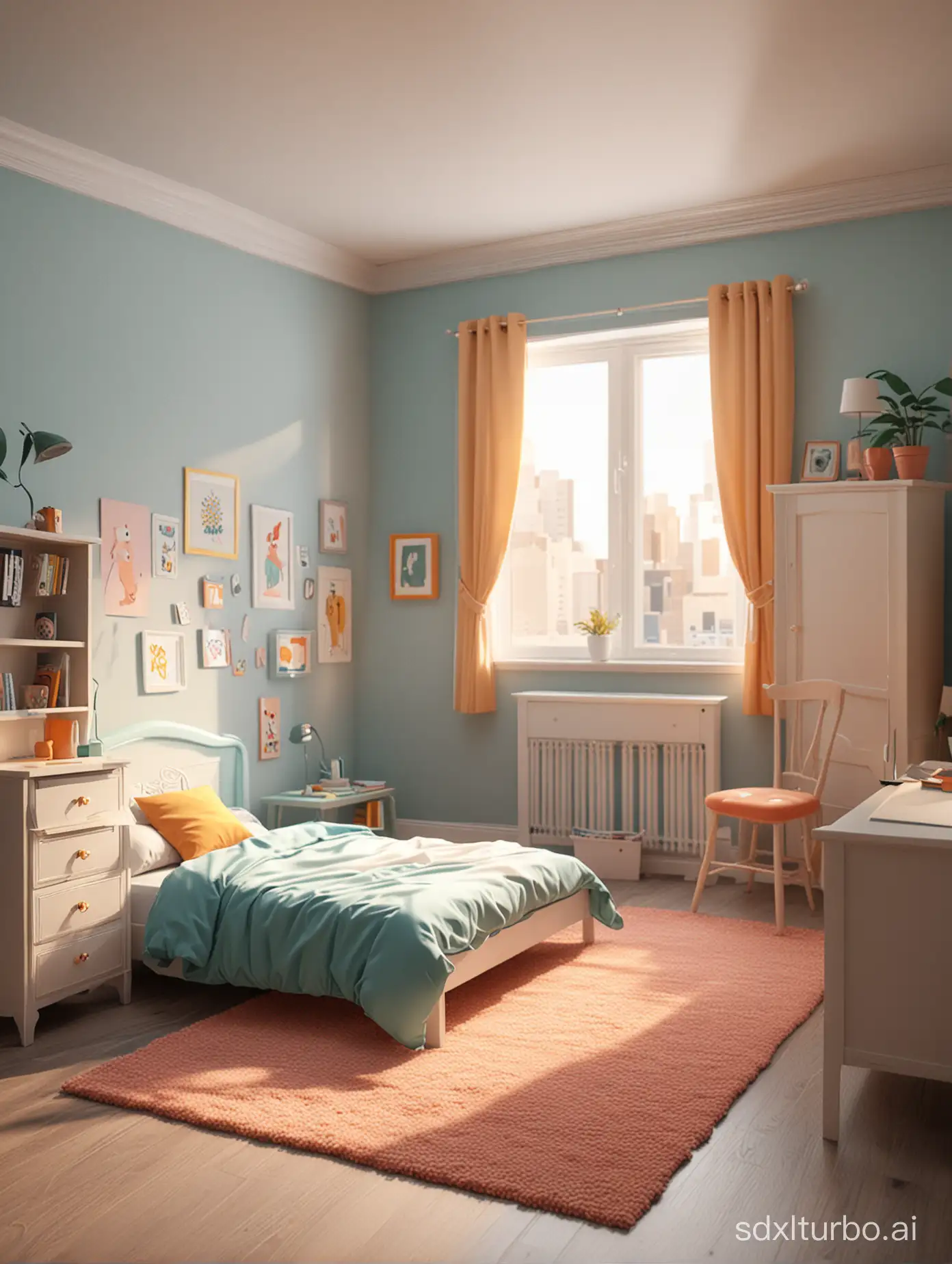 A 3D cartoon-style bedroom scene.