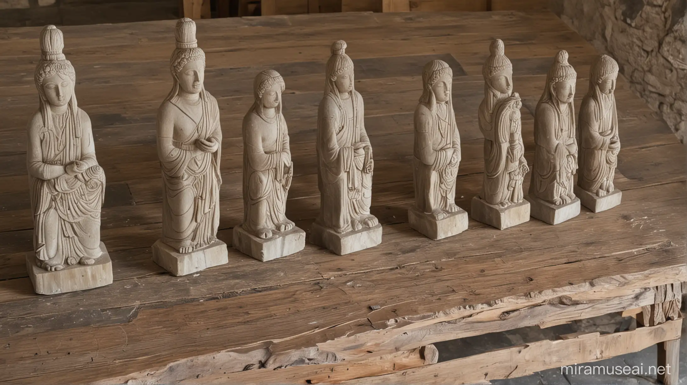a wooden table with a few different types of stone statues on it.