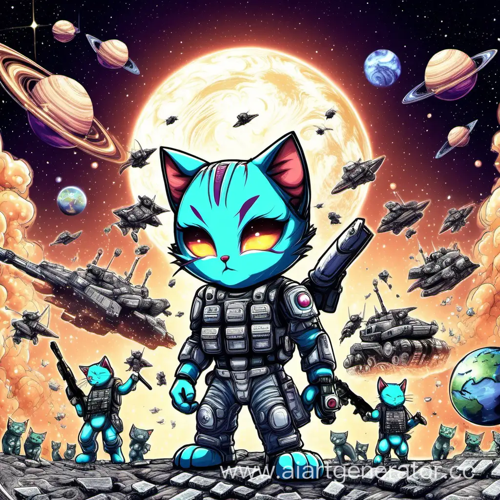 картинка на тему кибербезопасность война 2 планет  вселенского масштаба с помощью кибербуллинга с милыми котиками и войной адской меньше котов больше войны