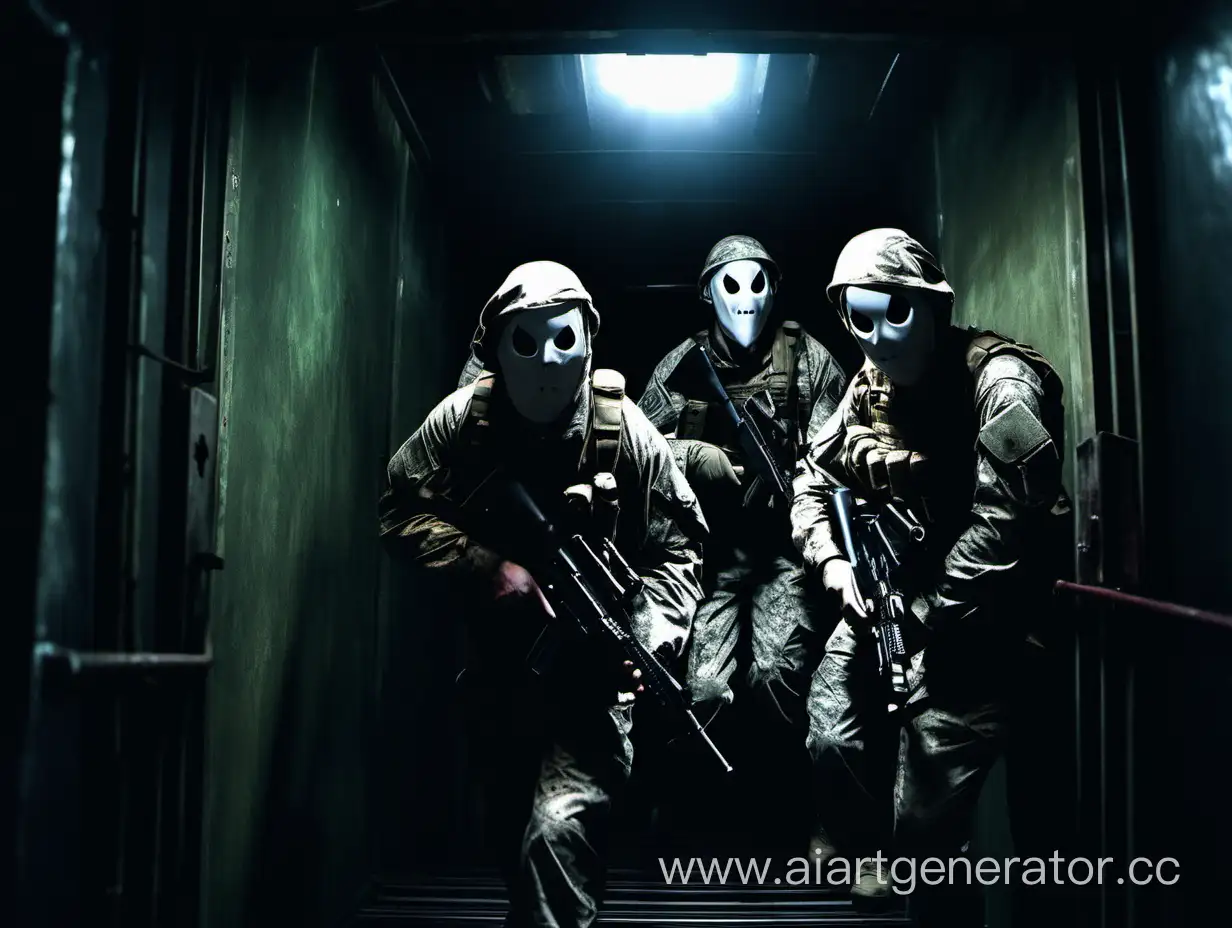 спуск 3 солдат в масках призрака со спины по шахте лифта  в темноте

