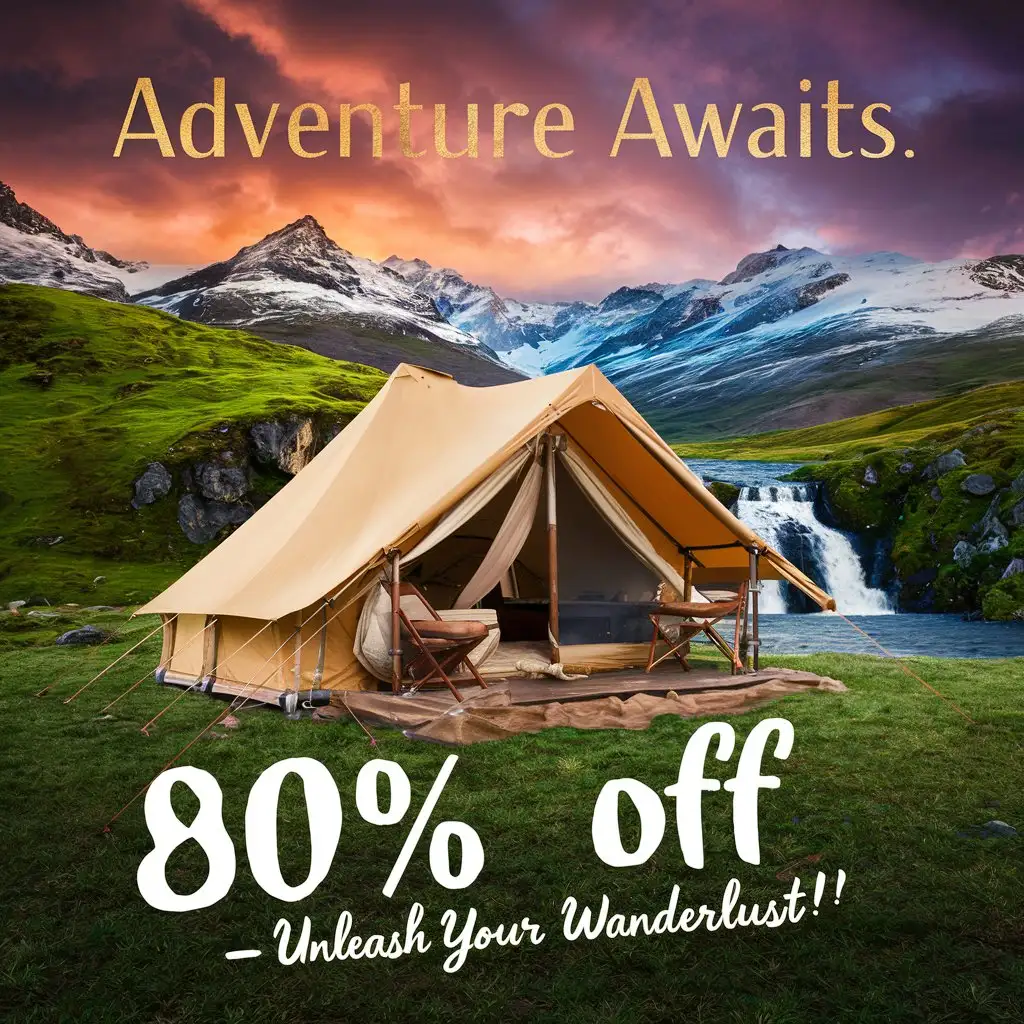  Create a advertisement for this tent. Add some creative background. It should be appealing to the customers. Add text in the image "Adventure awaits". Also add text that there is 80% discount on products in a creative way.