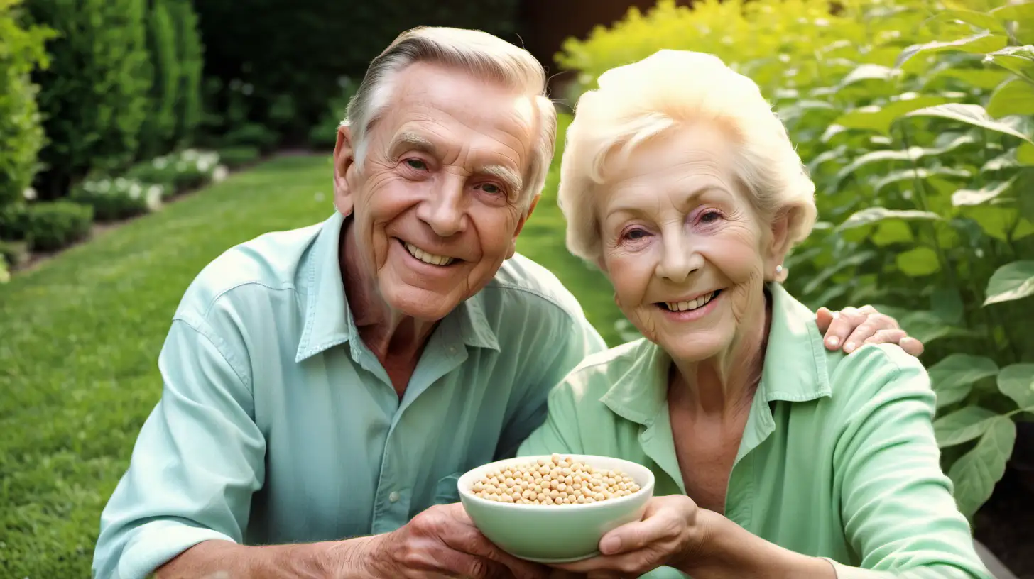 Elderly American Couple Enjoying Tranquil Garden Moment with Soybeans