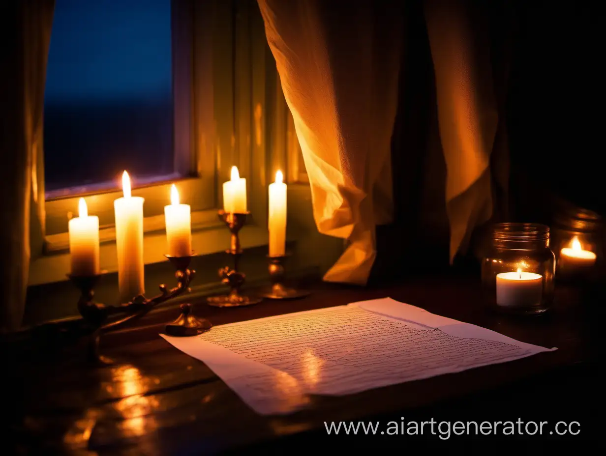 Romantic letter by candlelight at night by the window