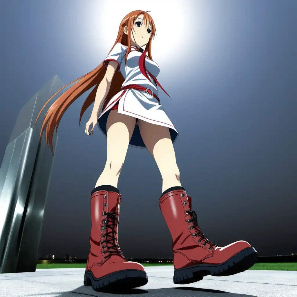 asuna yukki, giantess, low angle, boot sole, raised leg, stomp