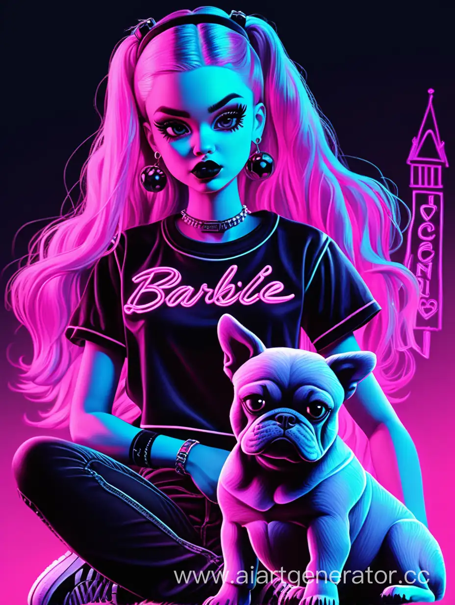 Barbie goth with an angry dog ​​in neon Drawing art 