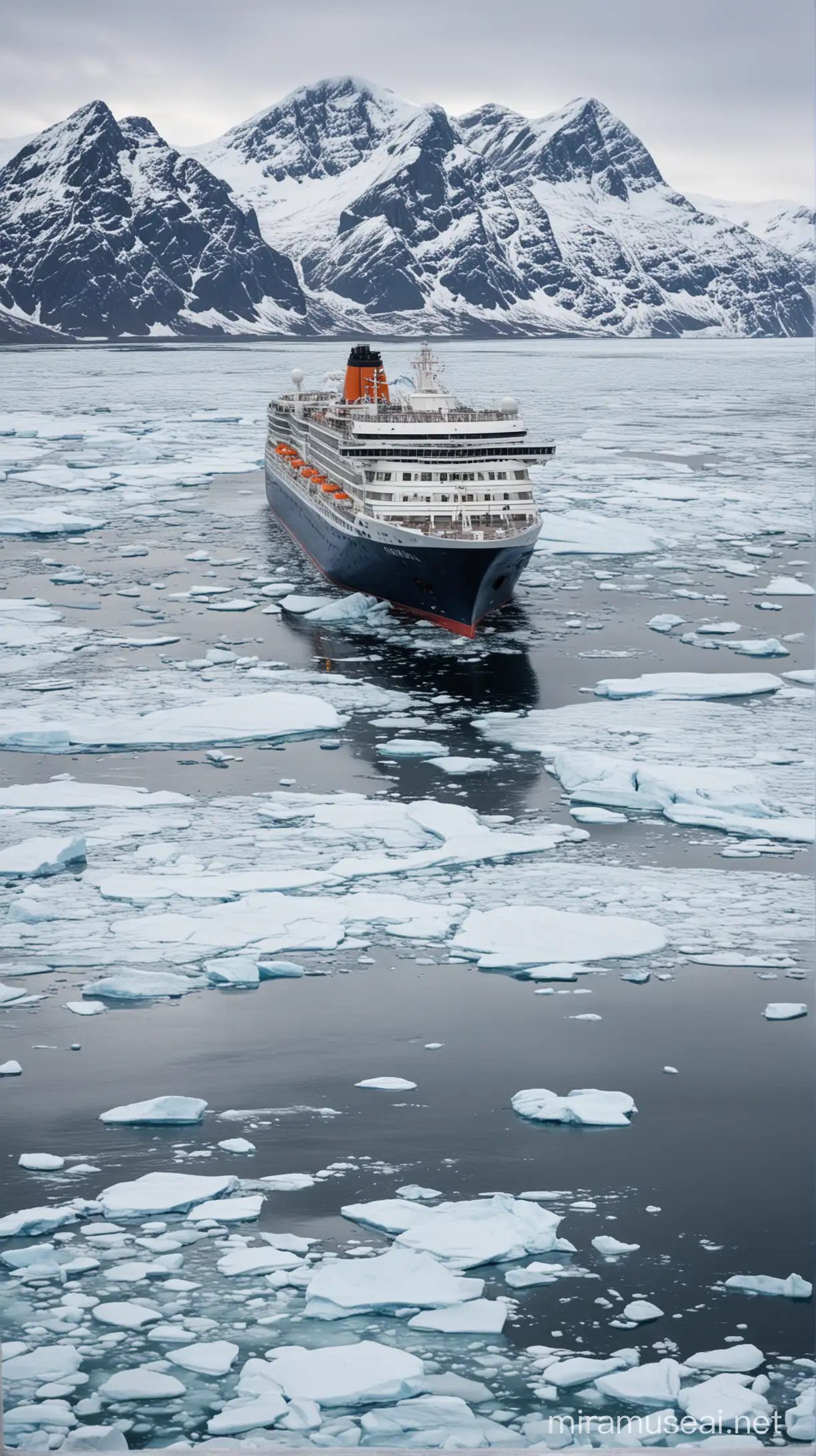 Cruise Ship Sailing Amidst North Sea with SnowCapped Mountains