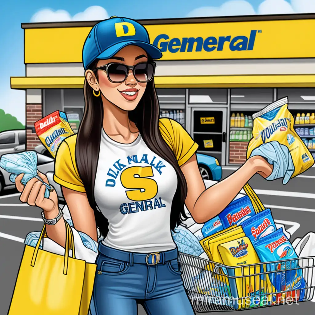 Woman with Dark Hair and Baseball Cap Holding Yellow Plastic Bags in Dollar General Parking Lot