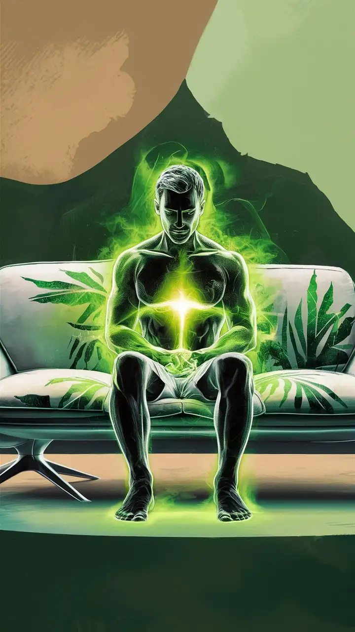 A man sitting on a couch receiving a ton of energy and he is relaxing, with green energy showcasing a very healthy lifestyle. 

