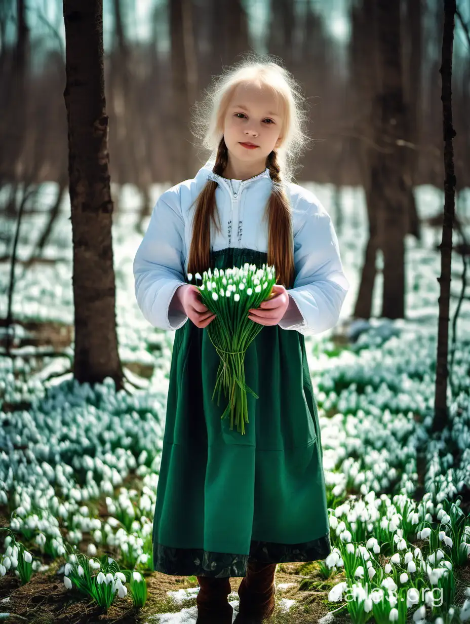 русская девушка в лесу собирает подснежники