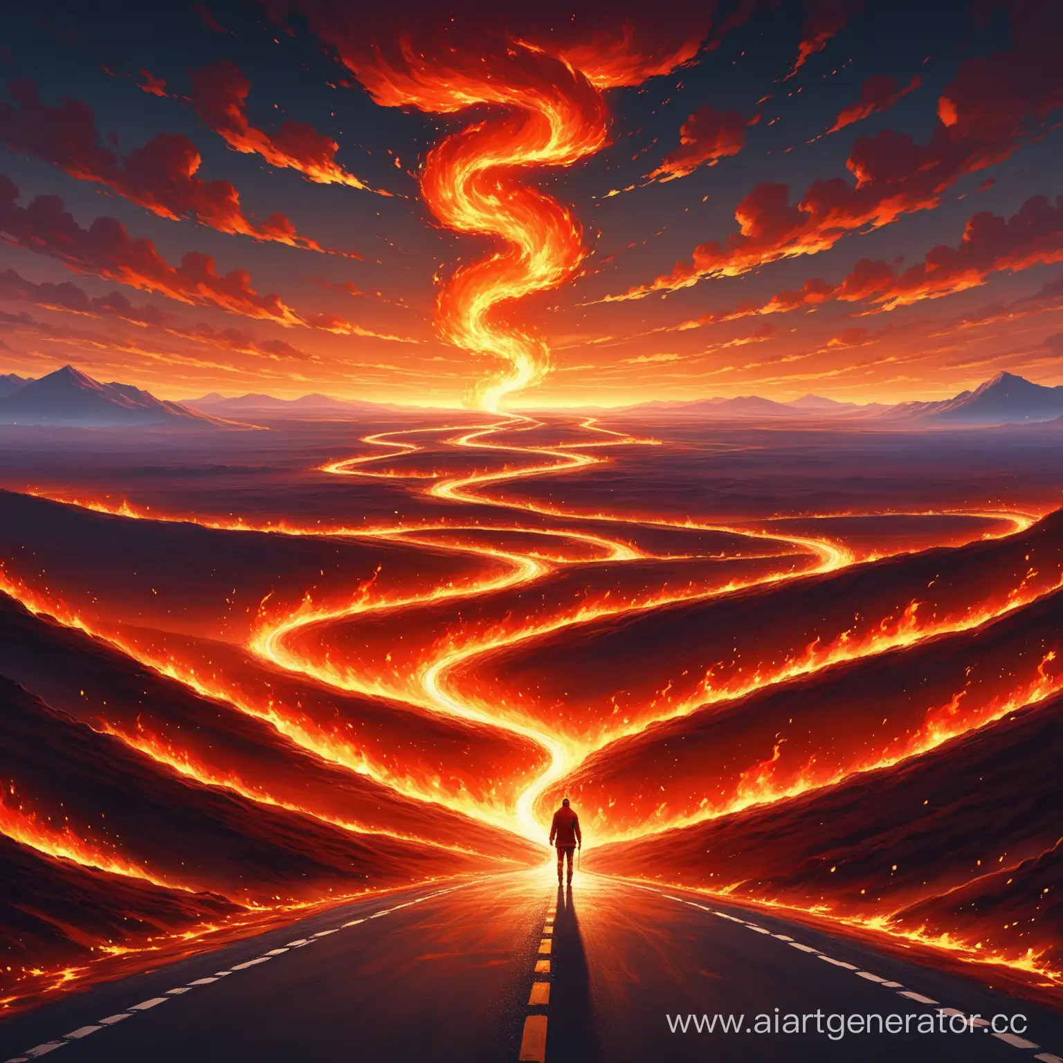 Man-Bravely-Navigates-Fiery-Road-Amidst-a-Stunning-Fantasy-Landscape