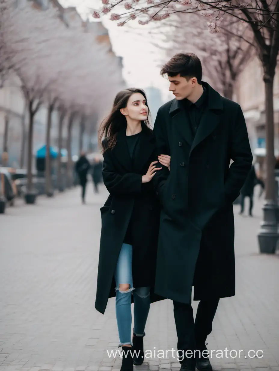 парень в длинном черном плаще и низкая девушка шатенка идут вдвоем обнявшись весной по городу и смотрят вперед
