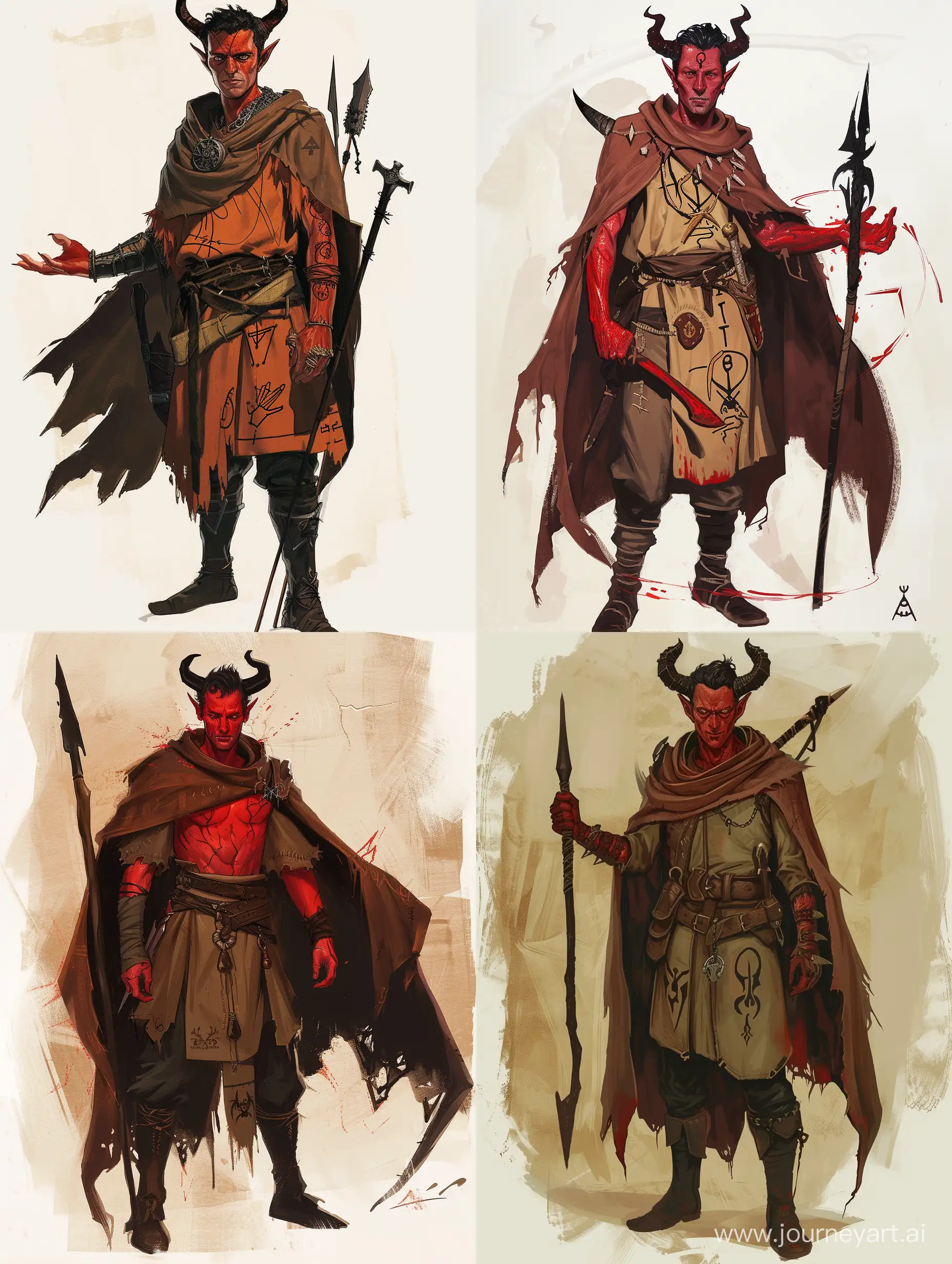 Draw a character from the Dungeons and Dragons universe according to the following description:
They are a demon from the village, red skin, 170 centimeters tall, horns, slim build, dark hair, brown cape.
A cultist who became an apostle of the blood demon . The mark of the contract is in the eye.  The outlines of cultists are painted on his hands. The equipment includes an amulet inherited from his father, which contains secret energy, a family dagger and a spear on his back.