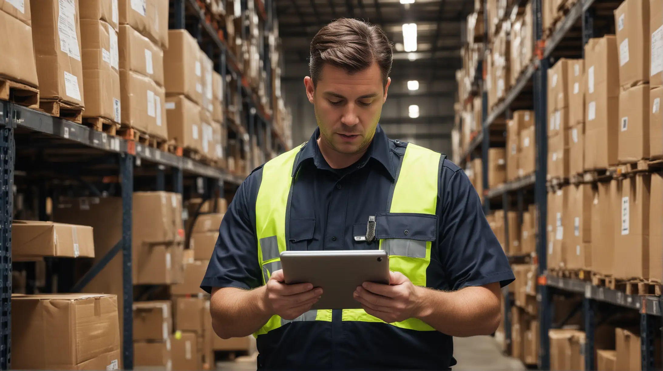 Officer working in warehouse through tablet with a text space