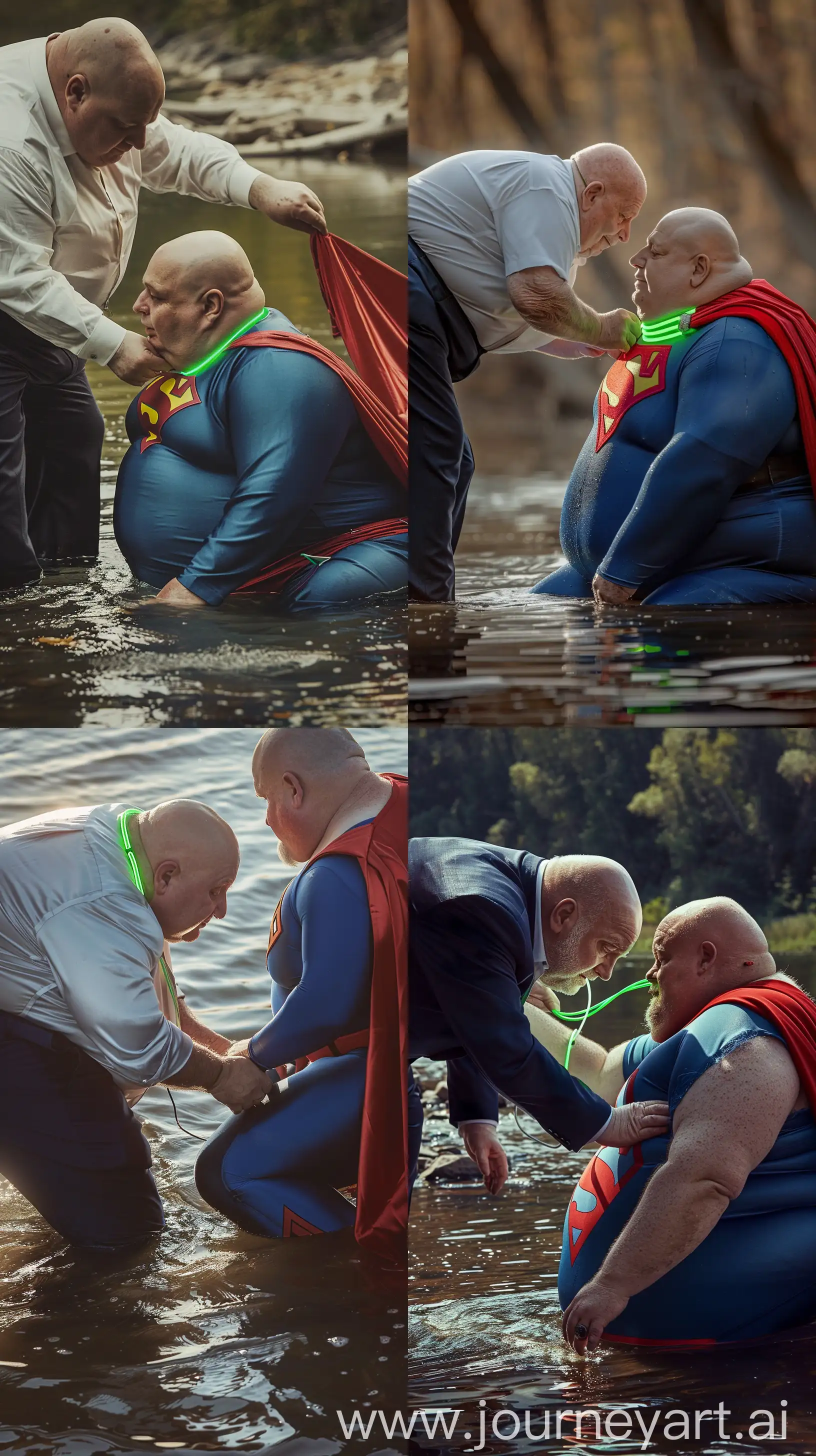 Close-up photo of two  fat men aged 60. The first man is wearing silk navy business pants and a white shirt, bending and putting a tight green glowing neon dog collar on the nape of the second fat man aged 60 wearing a tight blue  superman jumpsuit with a red cape sitting in the water. River. Bald. Clean Shaven. Natural light. --ar 9:16