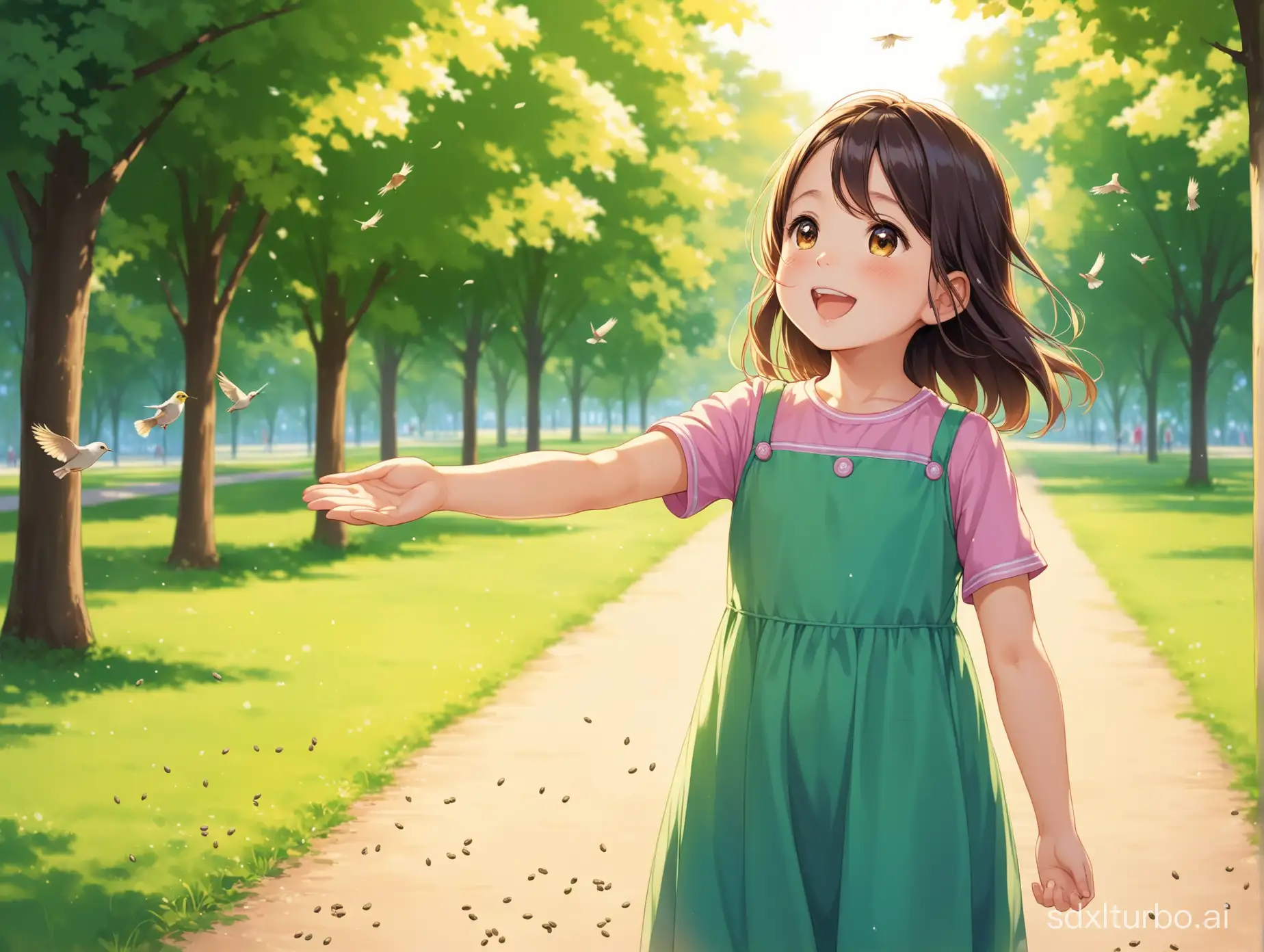 a girl child about 8 years old . everyday wear,stand.joyfully waves her hand to scatter the birdseed  in the park