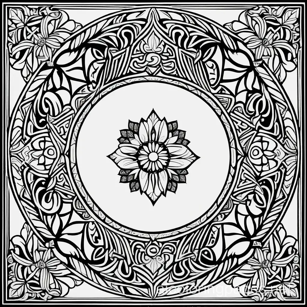 Islamic art motifs like arabesques and floral designs, Coloring Page, black and white, line art, white background, Simplicity, Ample White Space. The background of the coloring page is plain white to make it easy for young children to color within the lines. The outlines of all the subjects are easy to distinguish, making it simple for kids to color without too much difficulty