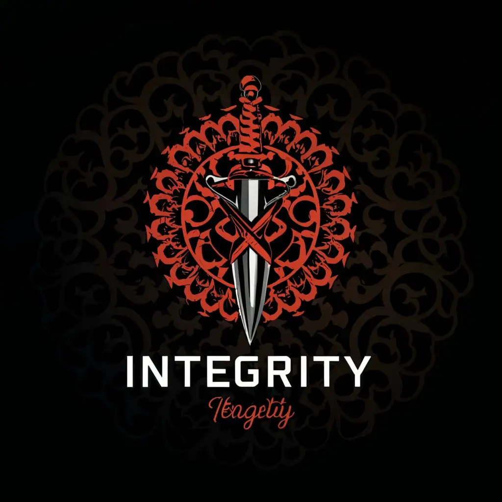 a logo design,with the text 'Integrity', main symbol:Sword, red pattern, black,complex,clear background