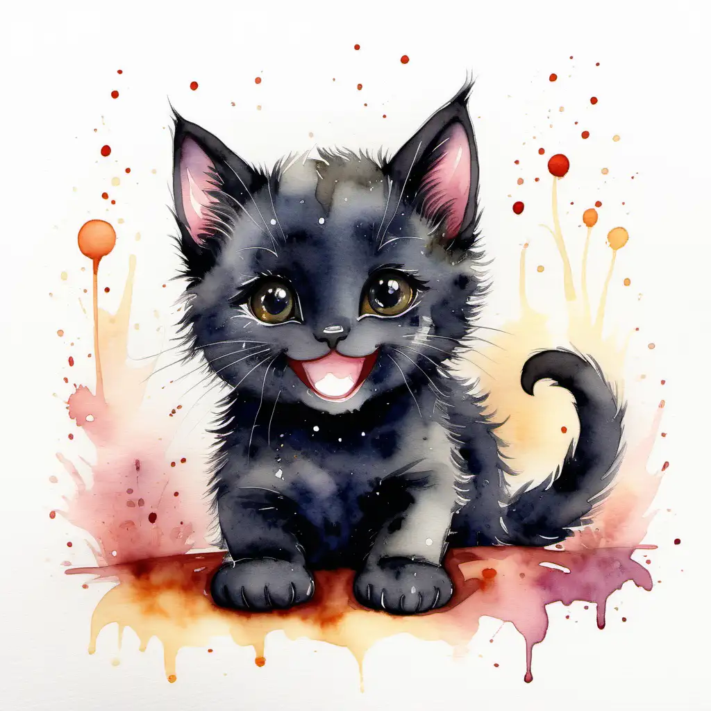 Happy Black Kitten Playing in Enchanting Watercolor Painting