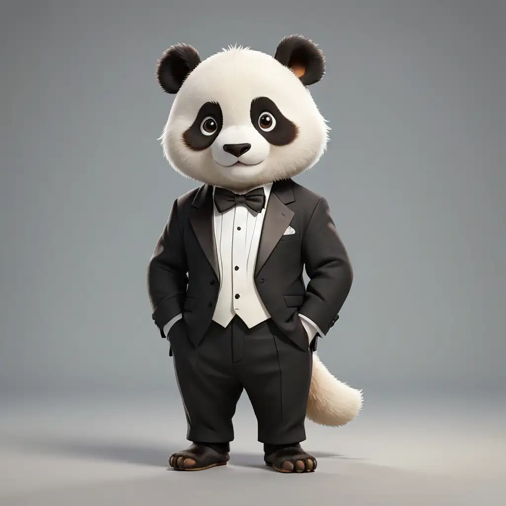 a cute panda in full body cartoon style with tuxedo clothes with clear background