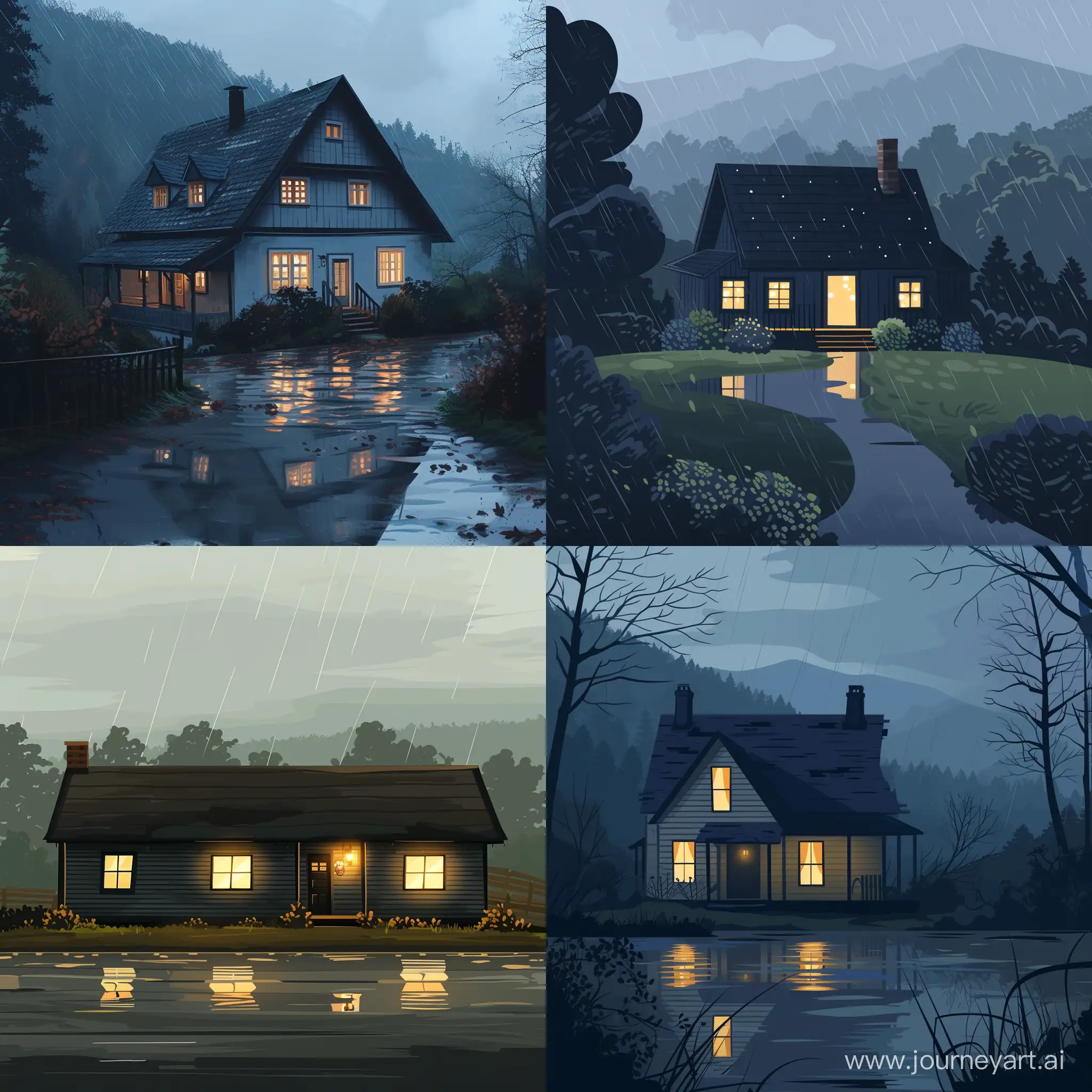 Rainy-Evening-at-Mountain-Cottage-Cozy-Lights-and-Wet-Surroundings
