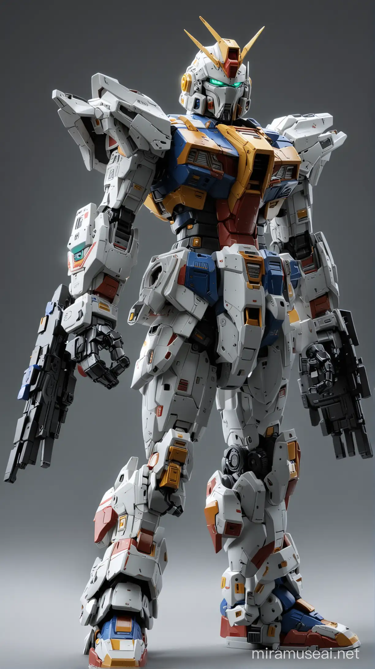 4D realistic caricature of an action figure Gundam with added light effects and shadows