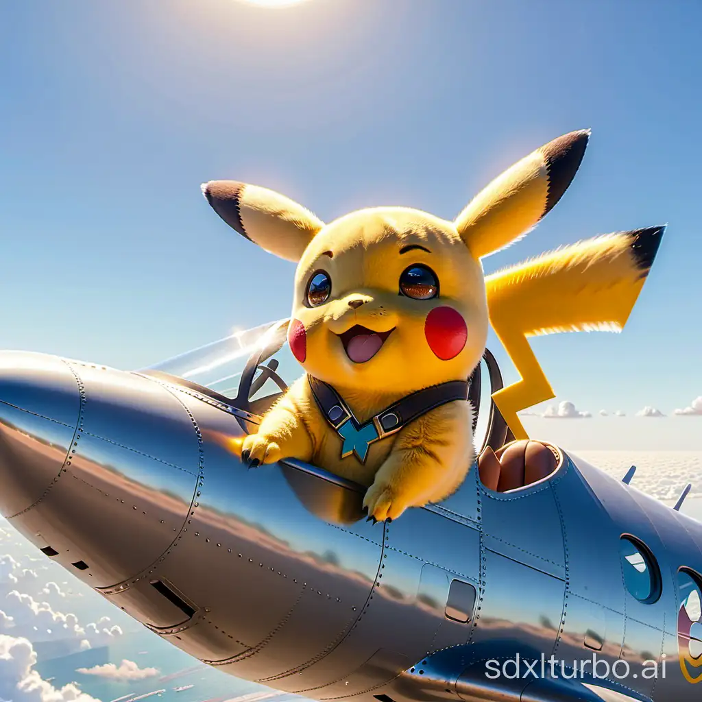 Pikachu sitting in the cockpit of a air plane, smiling, front view