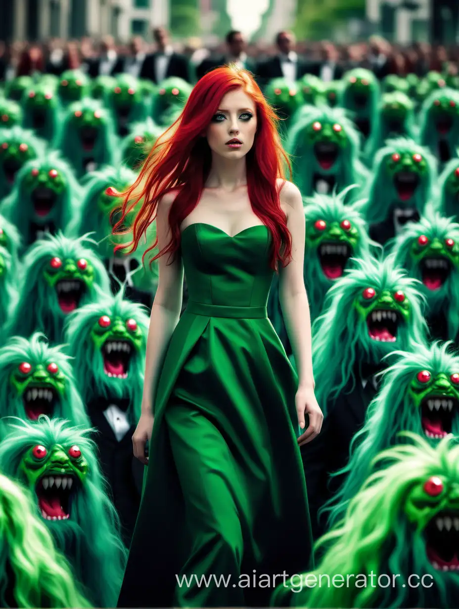 Взрослая Девушка с красными длинными волосами посередине, в толпе зелёных чудовищ которая на заднем плане смазанна. Толпа аристократическая в смокингах и платьях с зелёными волосами но это зелёные чудовища. Чёткая видна только девушка с красными волосами в пышном платье которая смотрит куда-то поверх