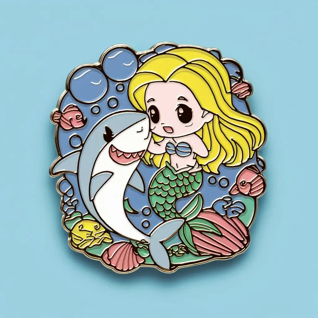 cute chibi, long blonde hair, mermaid, cute shark, bubbles, fish, shells, enamel pin design
