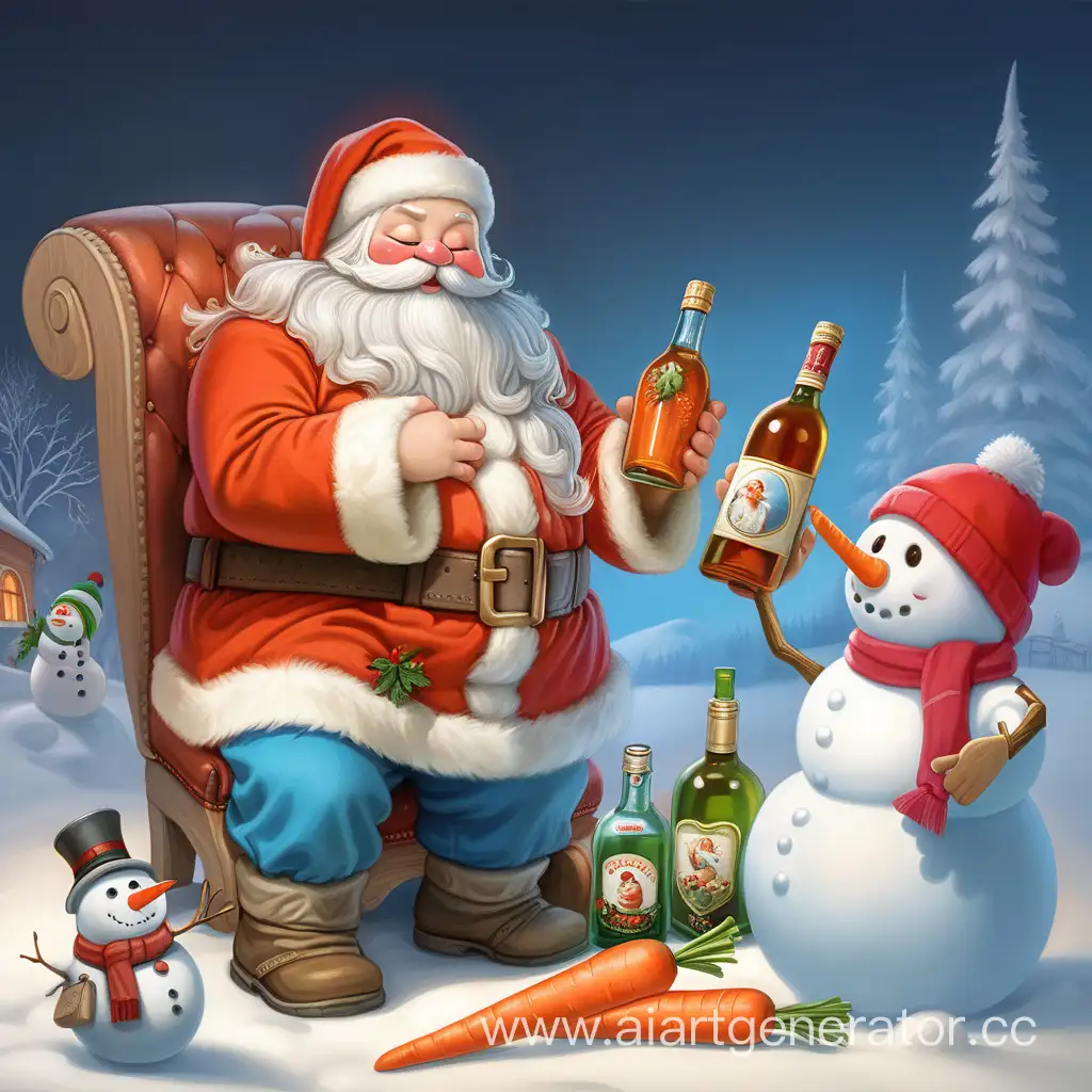 Пьяненький дед мороз с красными щеками, посохом в одной руке и бутылкой в другой, спящая на диване пьяная снегурочка и стоящий рядом снеговик с поломанной морковкой вместо носа
