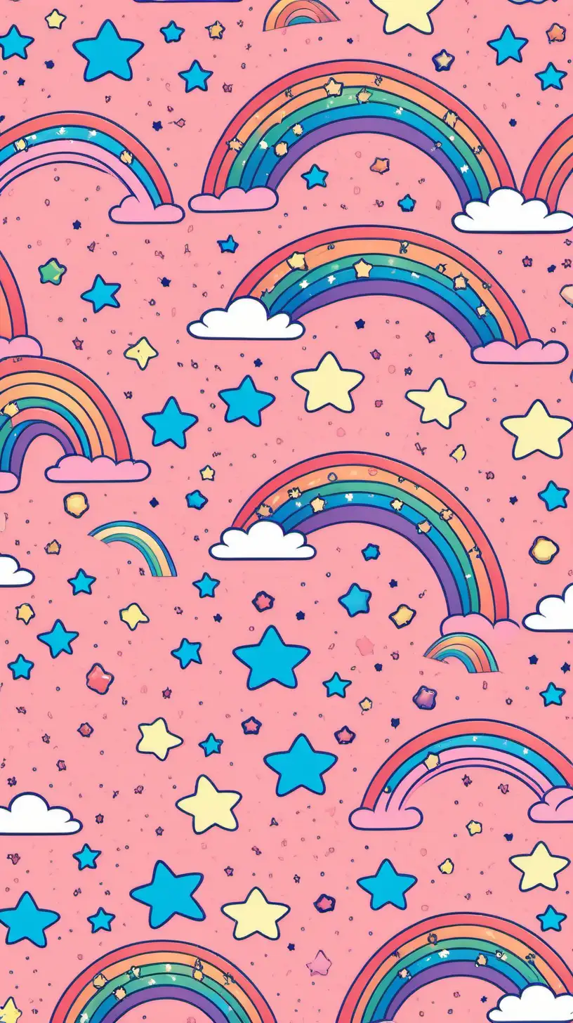 create an ongoing pattern of cartoon rainbows and stars with a light pink background