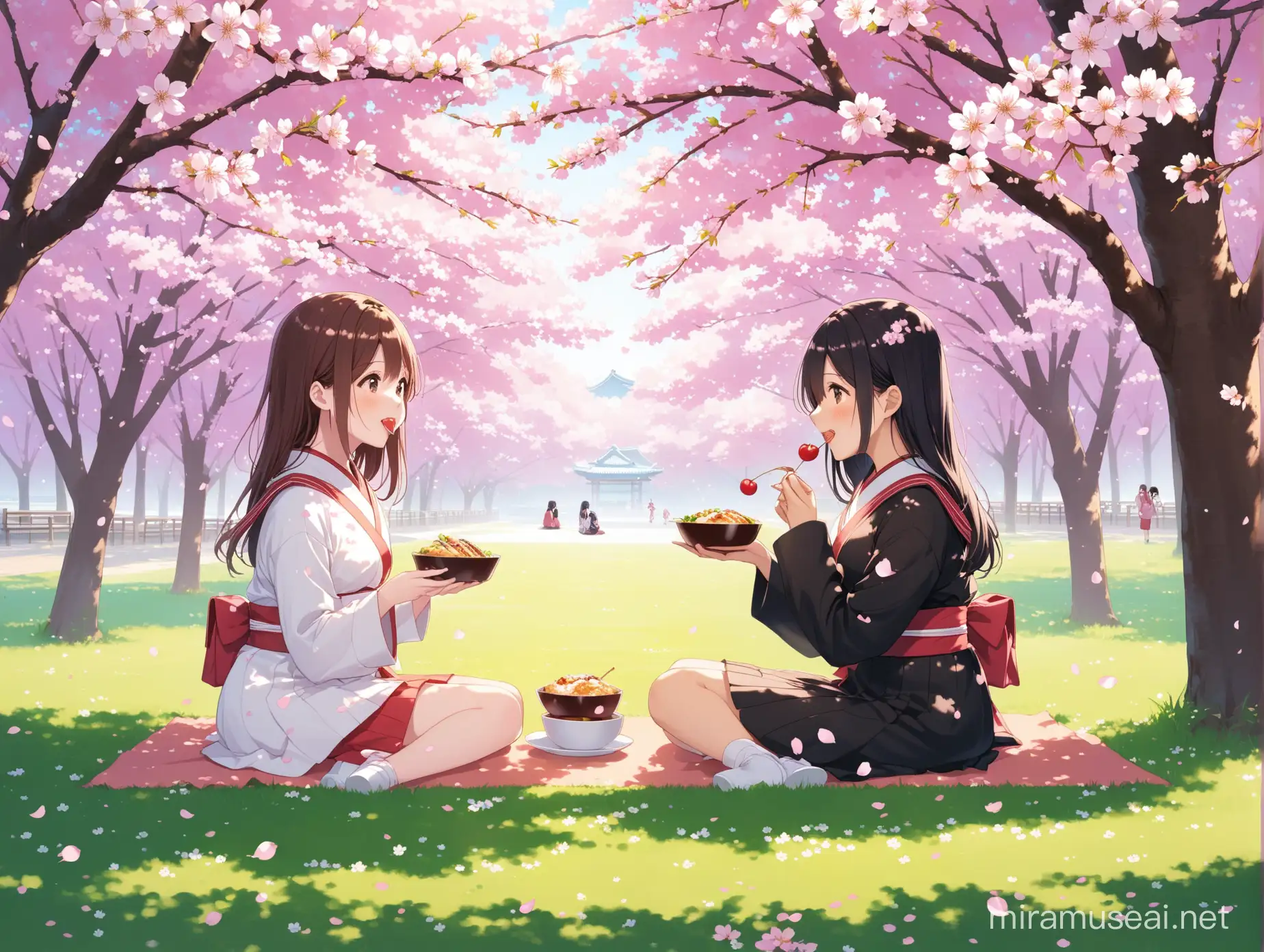 two girls were eating together under cherry blossoms