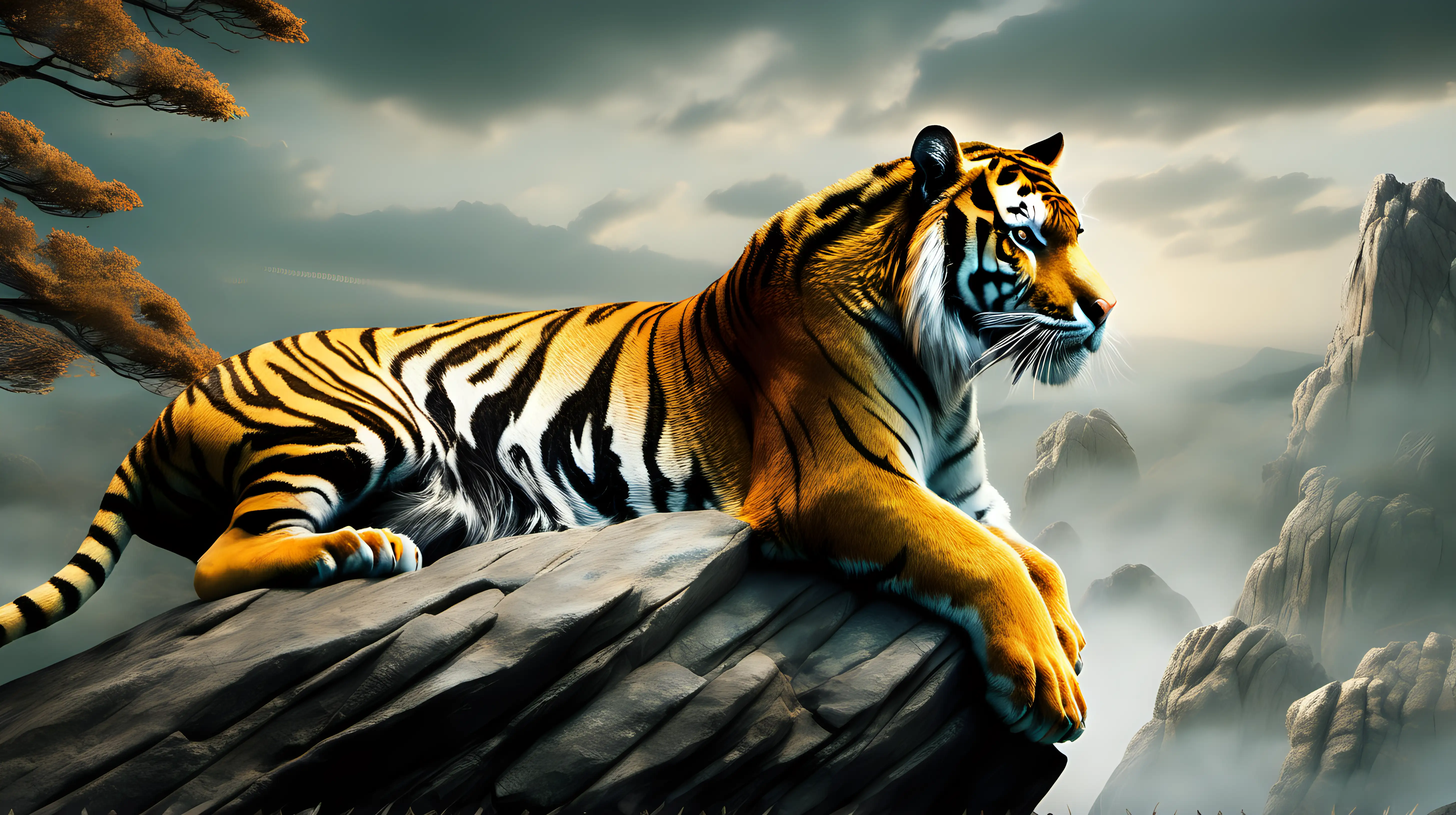 Design an image of a tiger perched atop a rocky outcrop, surveying its territory with a majestic demeanor, showcasing the untamed spirit of the wild