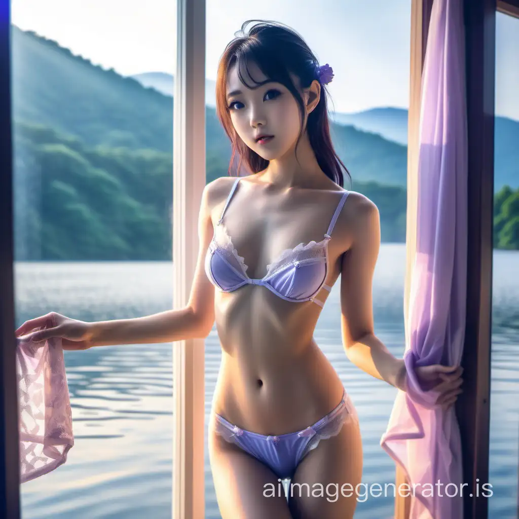 Japanese-Woman-in-Feminine-Lingerie-Bathing-by-Lake-View-Window-at-Sunrise