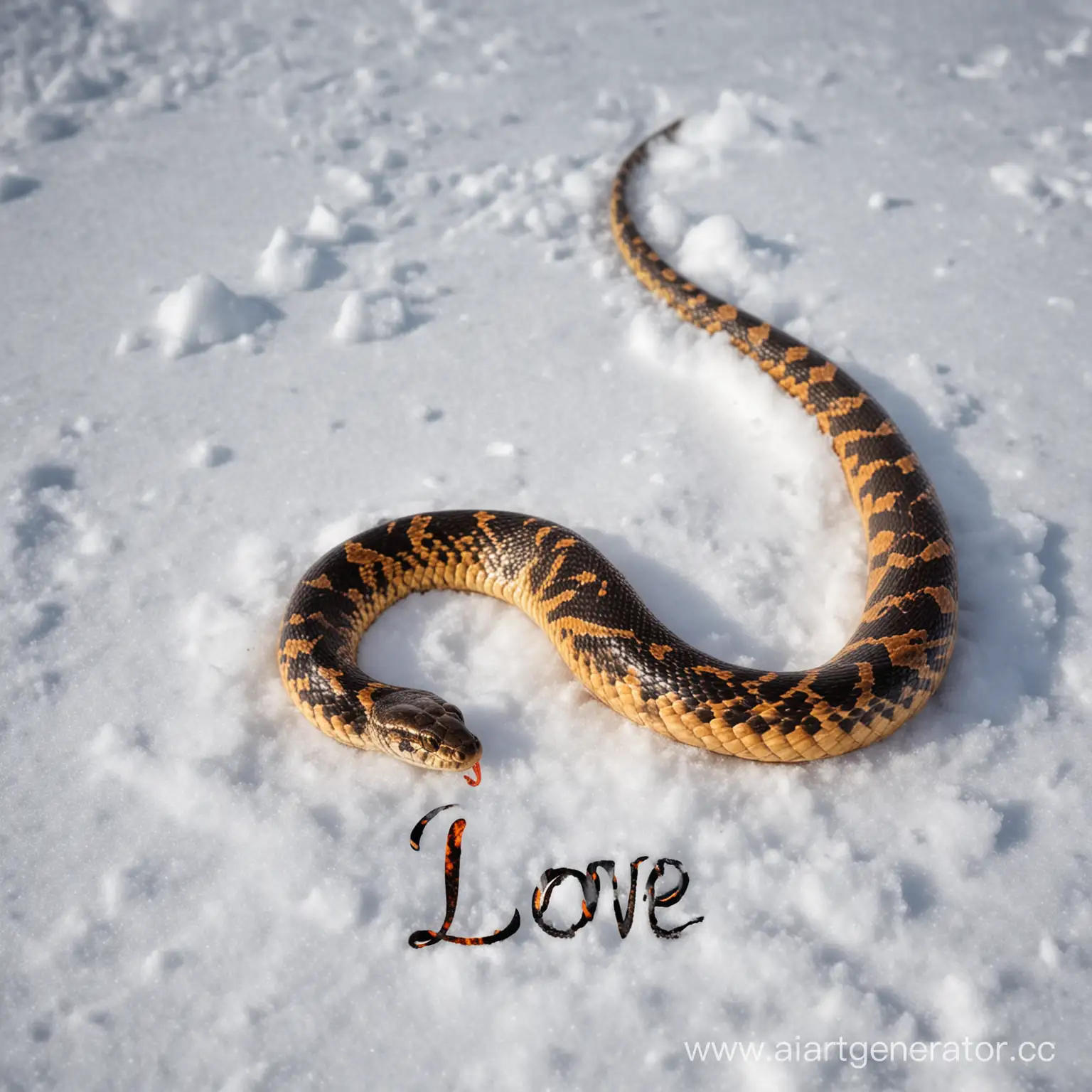 Змея которая горит. С надписью люблю. На фоне снег
