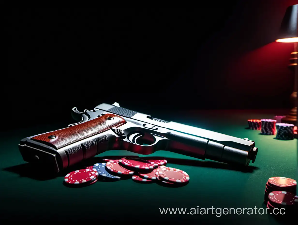 There is a gun and 3 poker chips on the table in a dark room, and red eyes glow in the dark