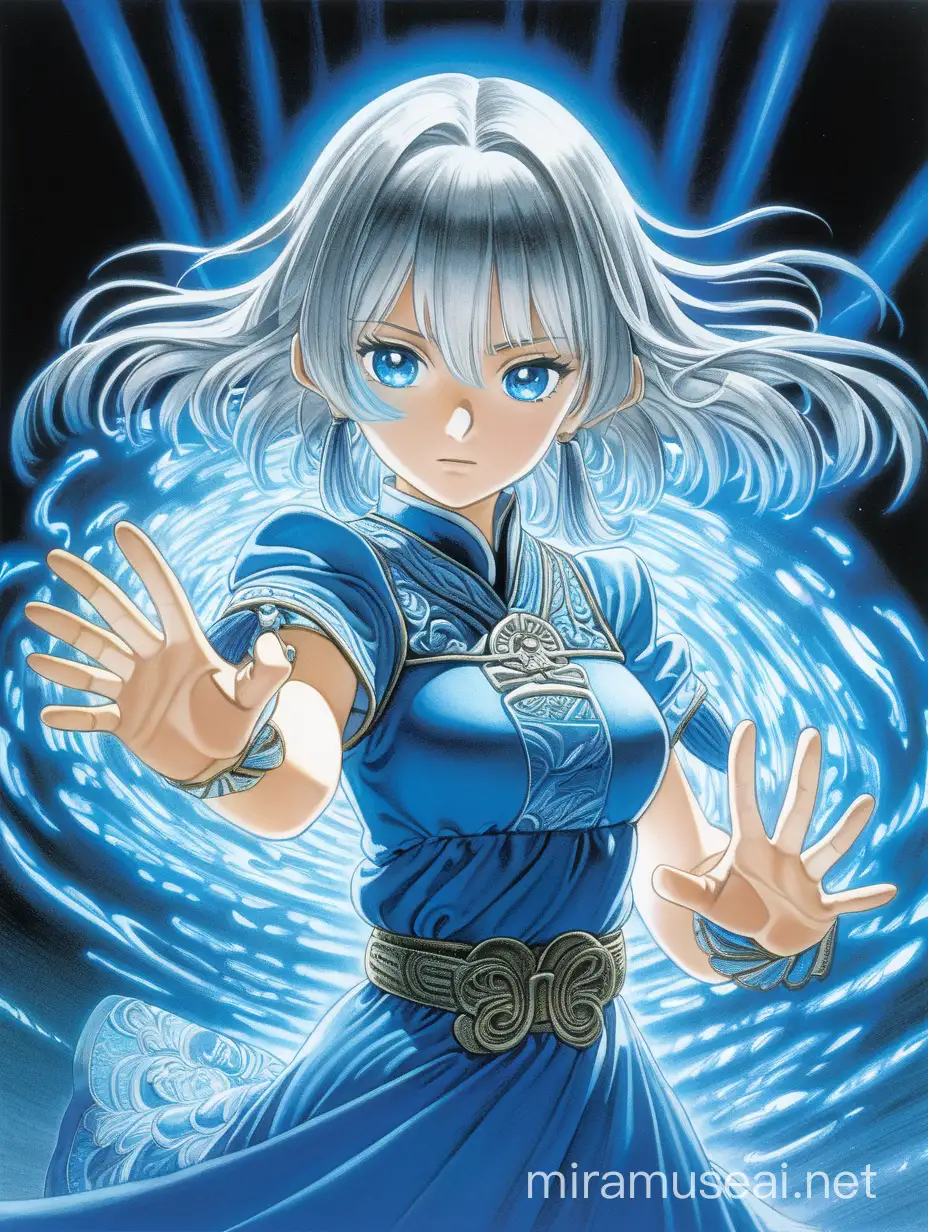 Illustration of A woman, silver hair and blue eyes glowing  of blue light, blue dress, holding out two hands casting blue light beam, manga, Eiichirō Oda style