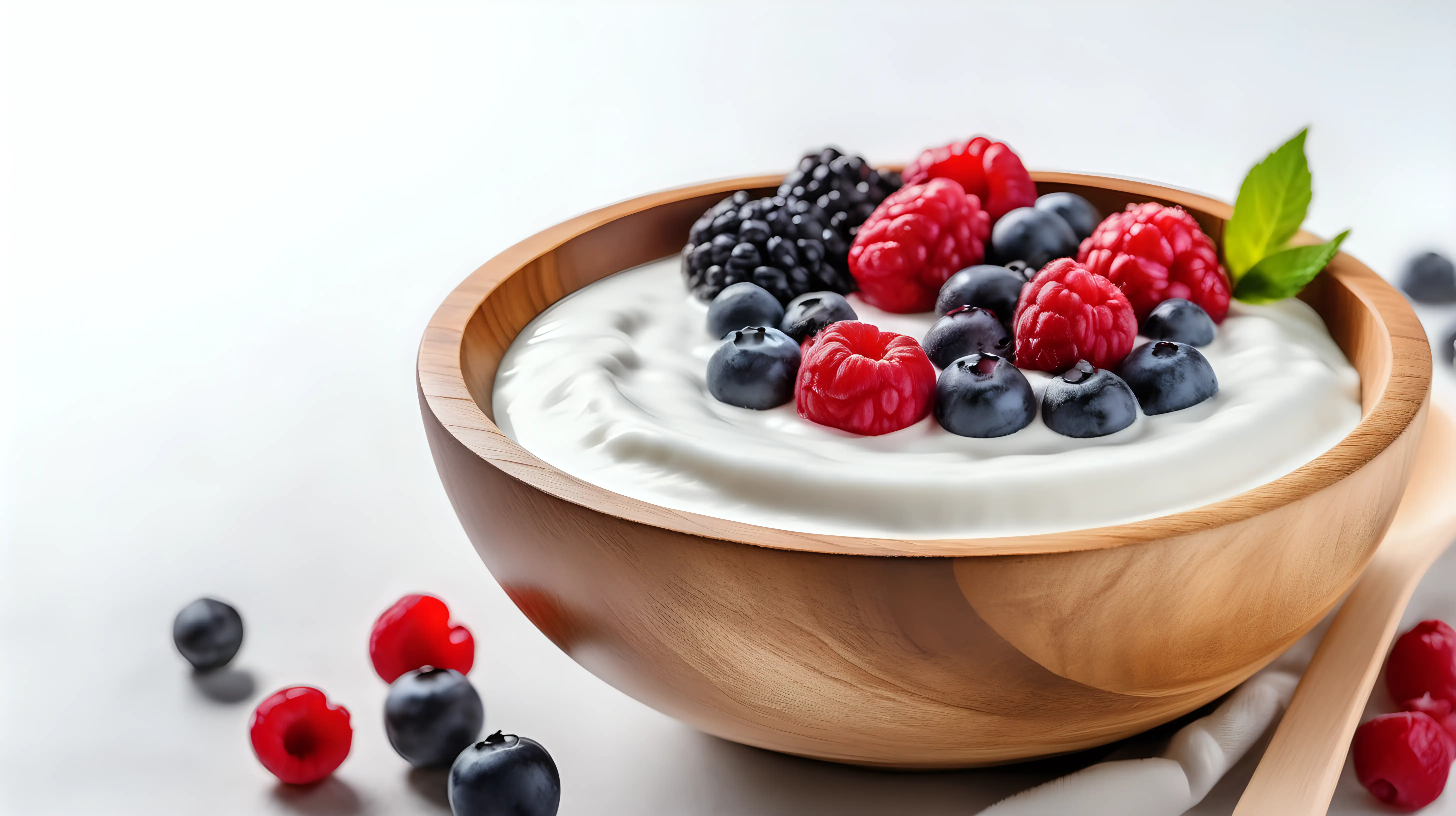 Fresh Fruit Berry Yogurt in Wooden Bowl on White Background Copy Space