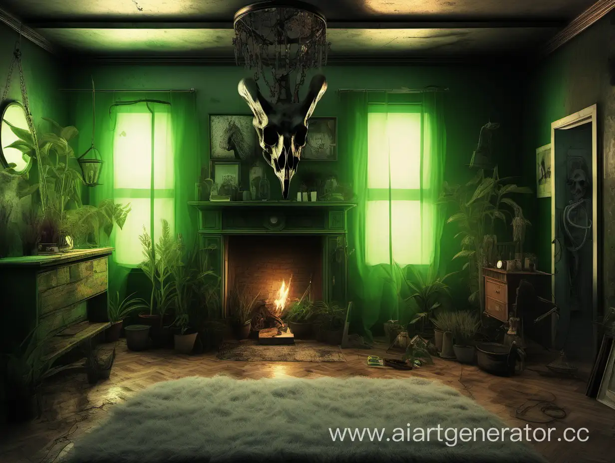 Mysterious-Bedroom-with-Collapsed-Fireplace-and-Horse-Skull