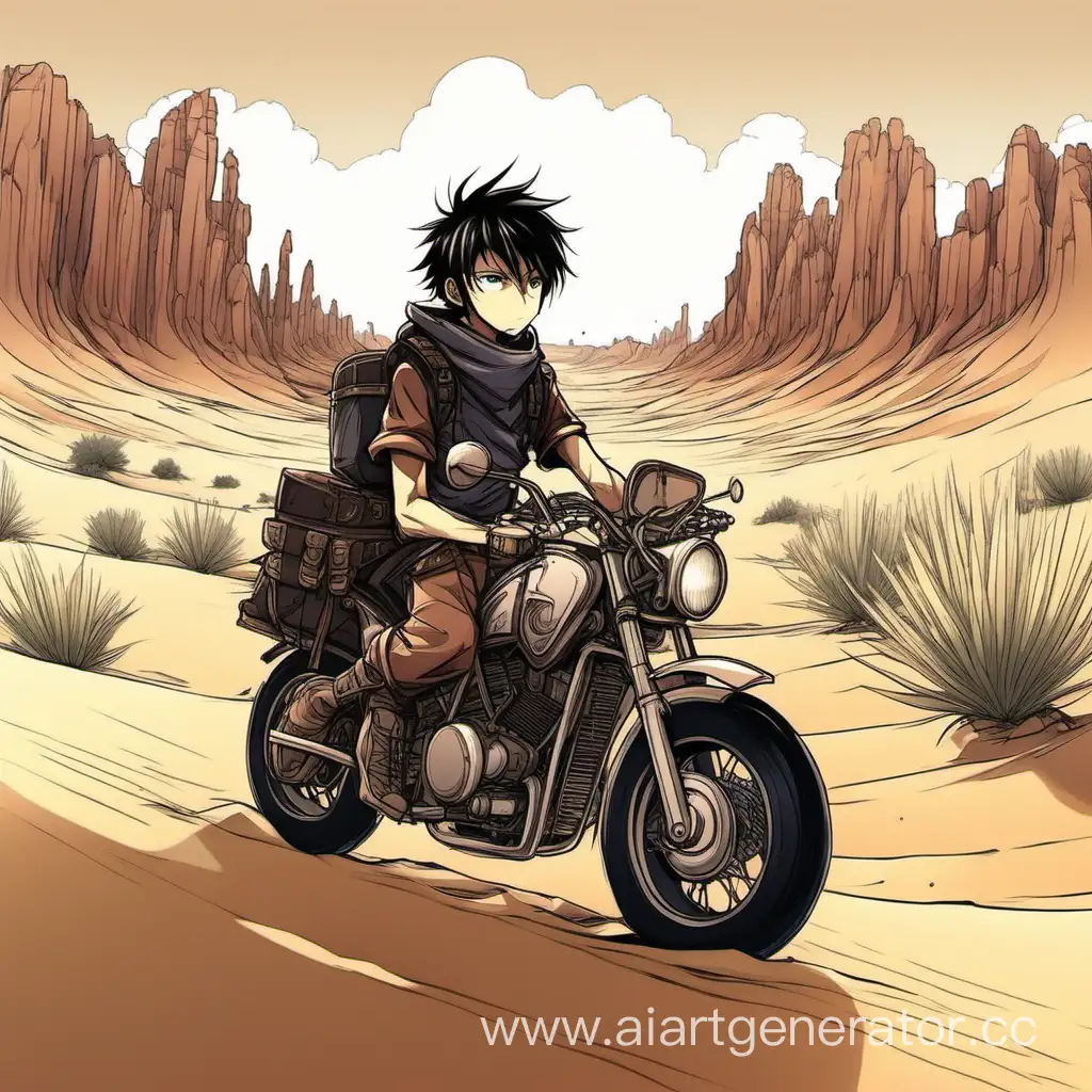 нарисуй мне аниме персонажа, мальчик, путешествует по пустыне на мотоцикле
