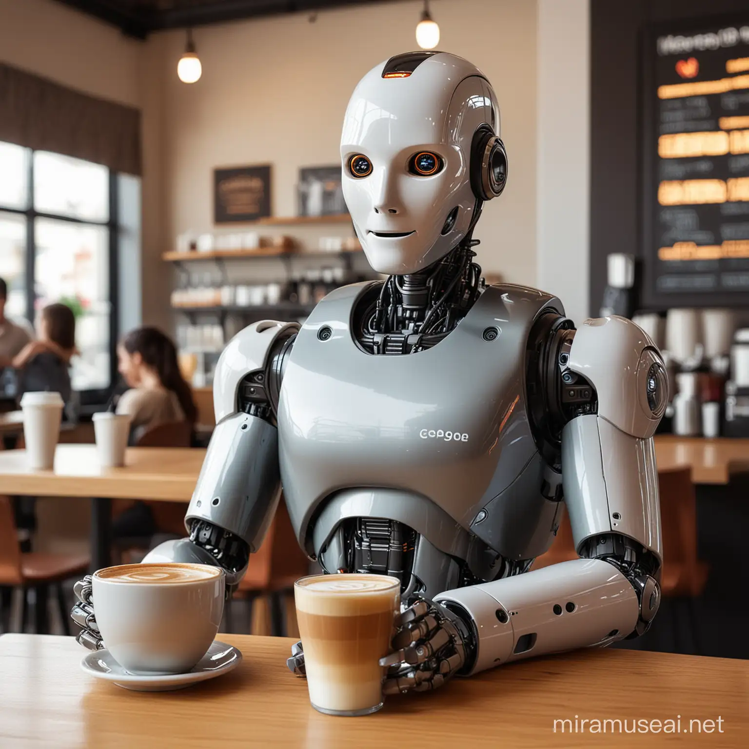 Modern Robot Barista Blending Coffee in Stylish Coffee Shop