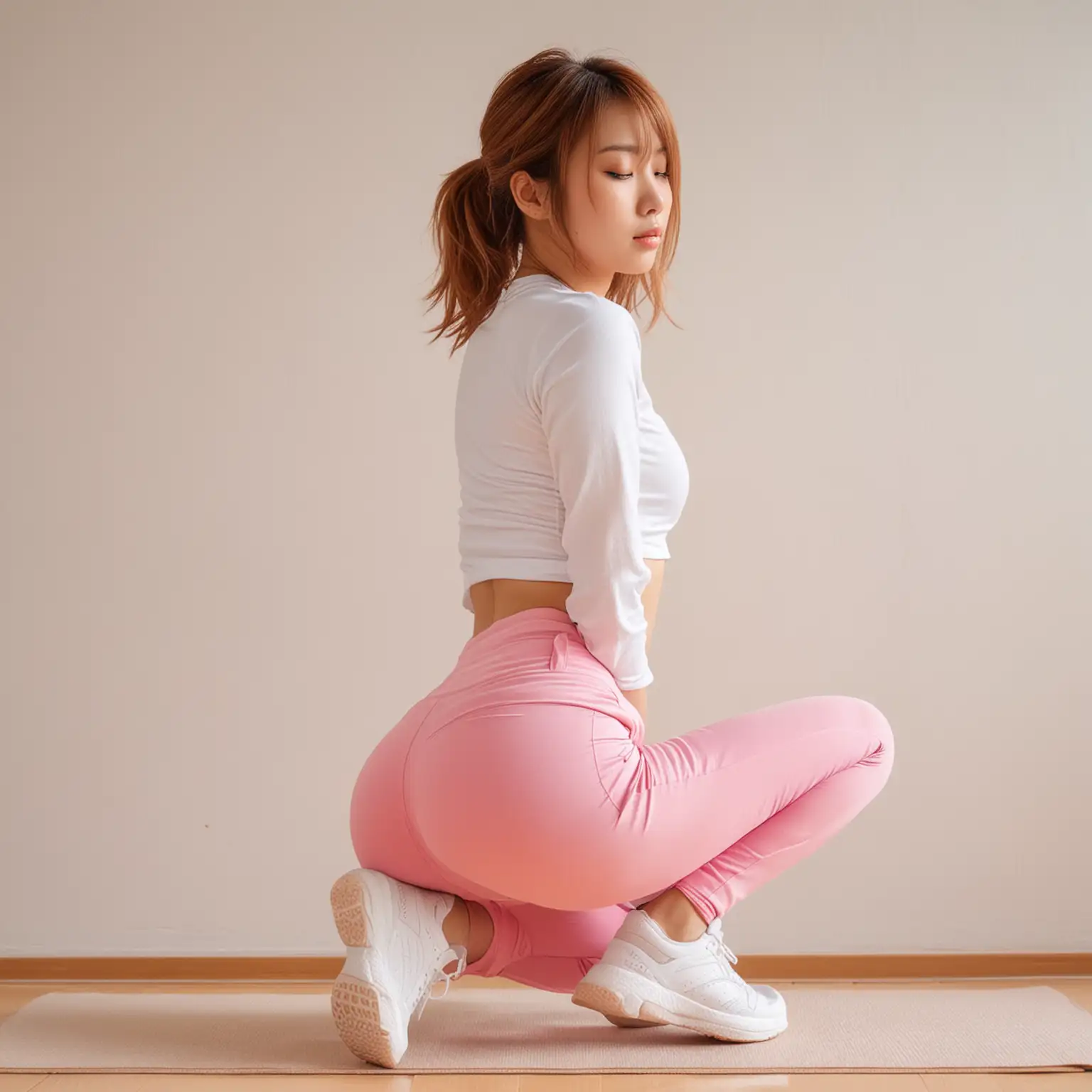 Japanese girl with caramel-colored medium length hair, closed eyes, white top, pink yoga pants, white sneakers, showing her booty
