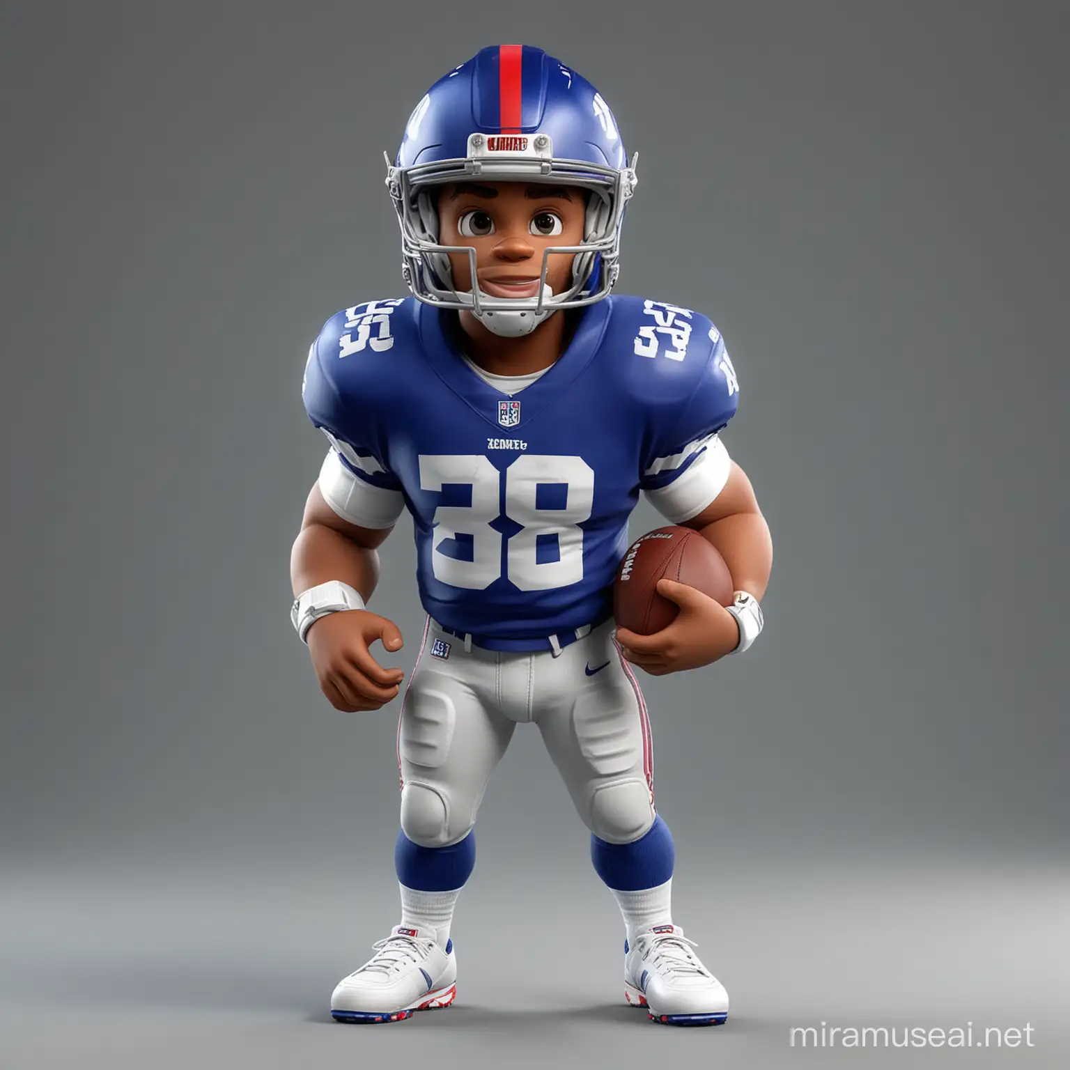 a cute 3d rendered nfl player looks like Saquon Barkley, wearing american football helmet and New York Giants kit, standing pose, cartoon style