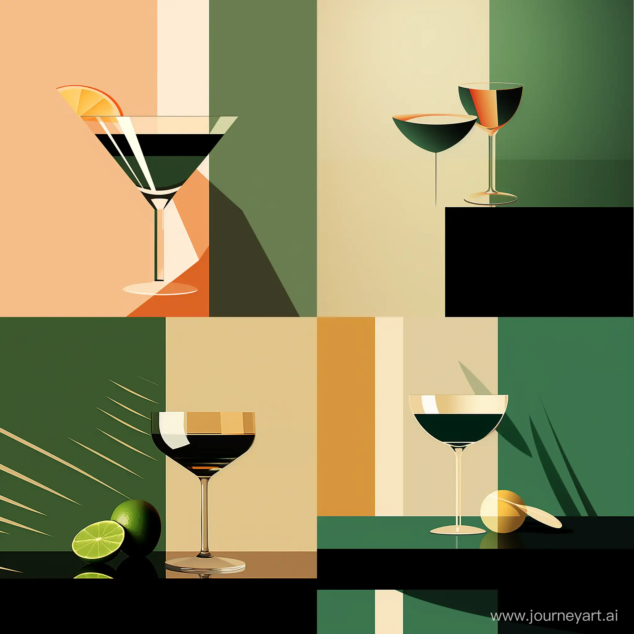 A minimalist graphic design-inspired illustration of an Daikiri cocktail in a glass, featuring clean lines and simple shapes. The illustration showcases a rich tonal palette, with deep green hues for the drink and subtle highlights to accentuate the glassware. The image is presented as an animated GIF, adding a touch of dynamic movement to the composition. The style draws inspiration from the Bloomsbury Group, known for their avant-garde aesthetic and intellectual pursuits, resulting in a visually intriguing and sophisticated depiction