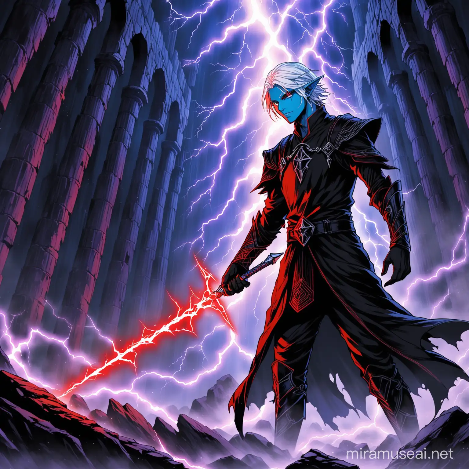 a blue skinned male elf, he has a black runes on the left side of his face, his hair is white, and the roots of his hair is black, his hair is short and wild, he has heterochromia, his left eye is neon red, his right eye is hazel, he wears black clothes like a sith from star wars, and he has an aura of lightning, the lightning is red, and he is standing in an ancient castle ruin, he has black gloves, he controls the lightning with his right hand.