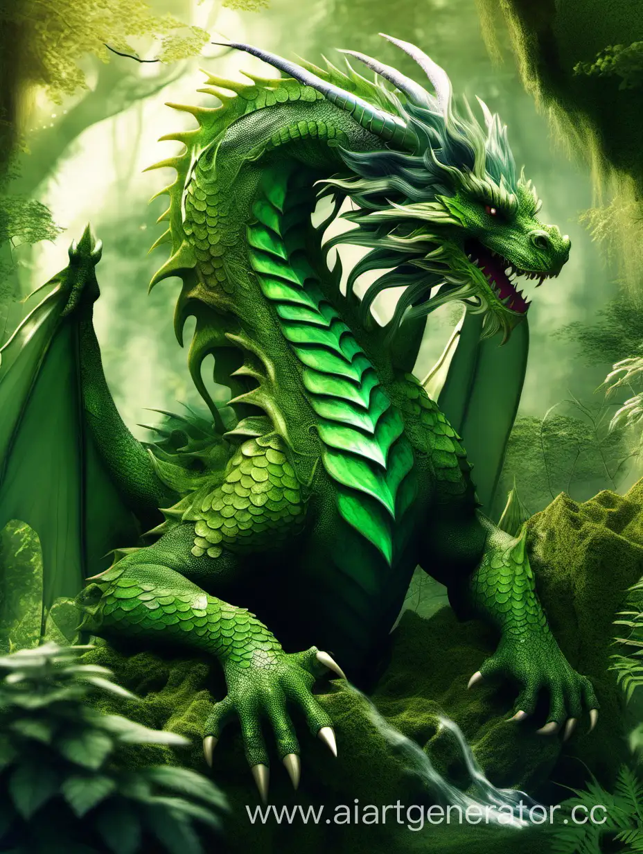 Fantasy style, An ancient green dragon, body is covered with forest vegetation