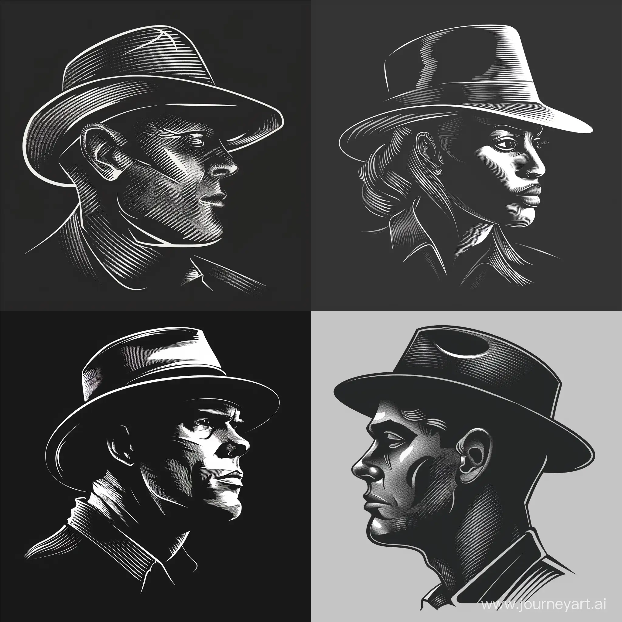 Реалистичная голова подозрительного человека(мафии) со шляпой в чёрно-белом стиле, голова анфас
