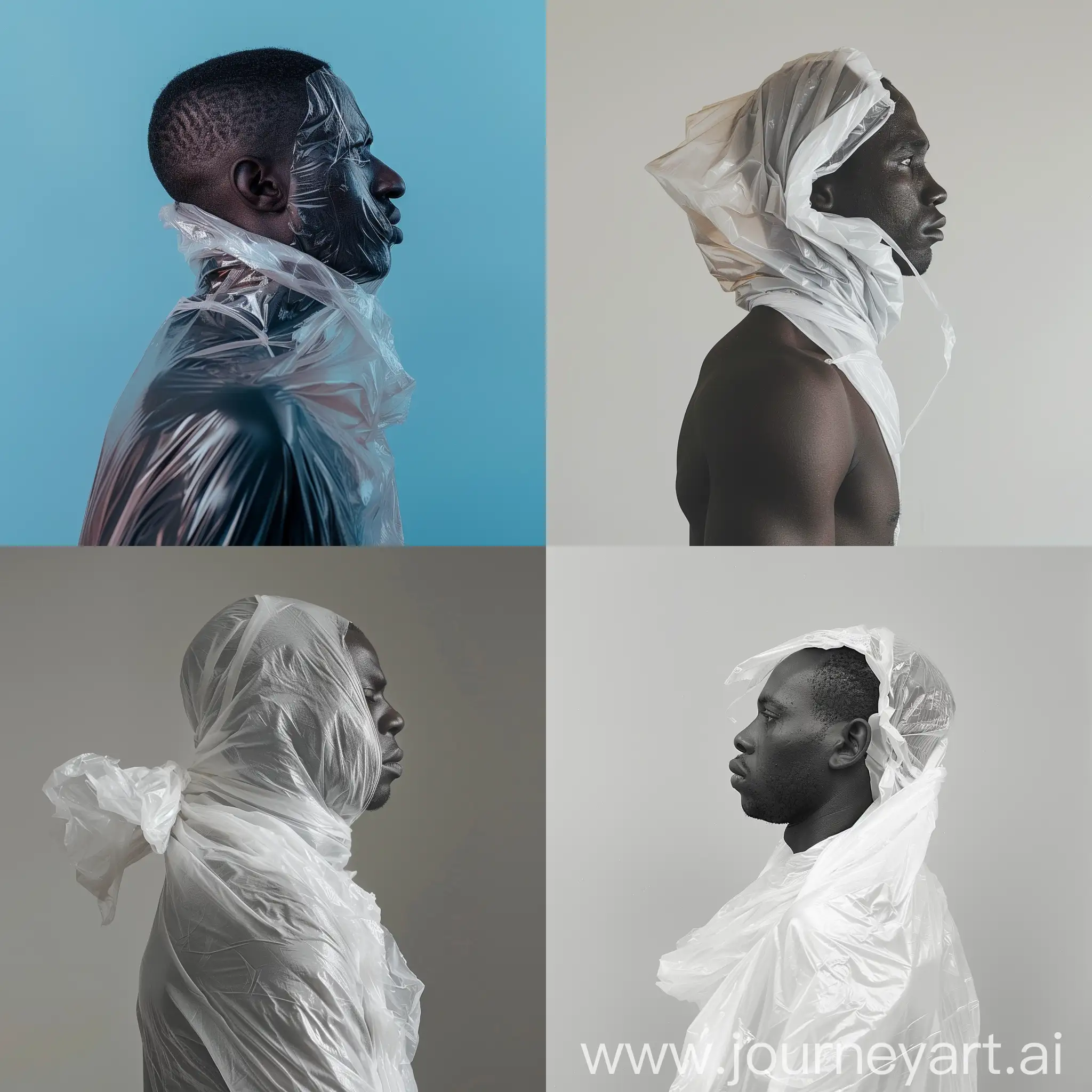 African man in a profile view covered with a baggy plastic bag all the way to his waist from his neck