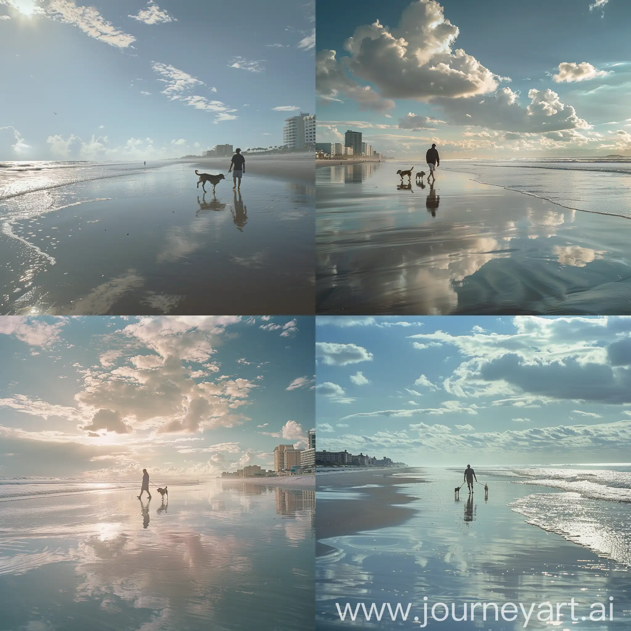 A very realistic picture of a guy walking his dog on the beach of Daytona, Florida. And shot with a Sony AR7V camera.