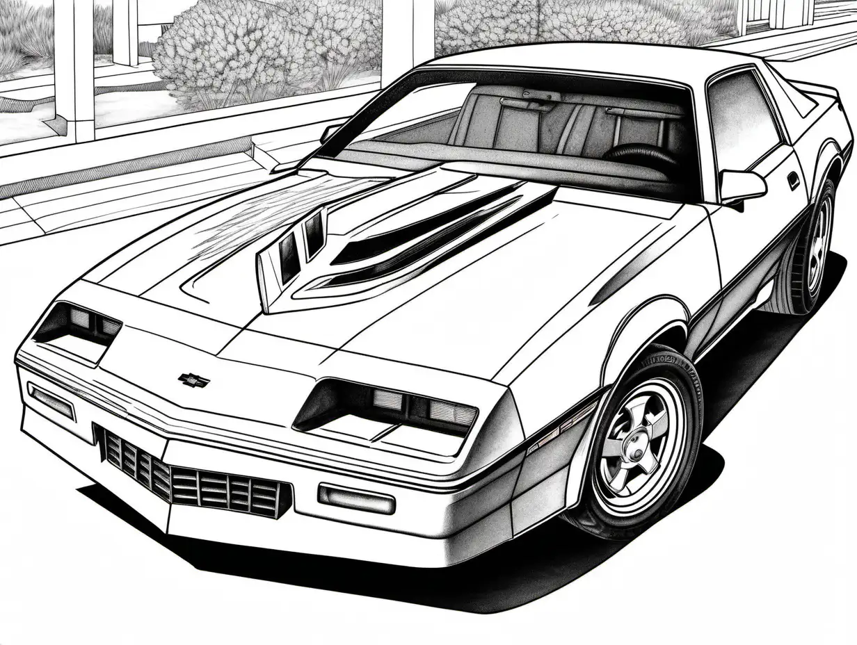 coloring page for adults, 1985 Chevrolet Camaro IROC-Z, high detail, no shade