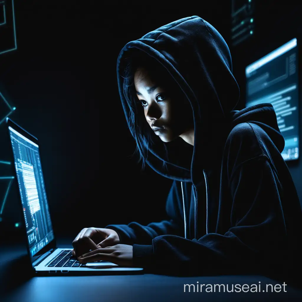 female hacker mixed black and asian race  overcasted by a black shadow sitting in a dark lit room wearing a black hoodie looking at a laptop in a pitch black room